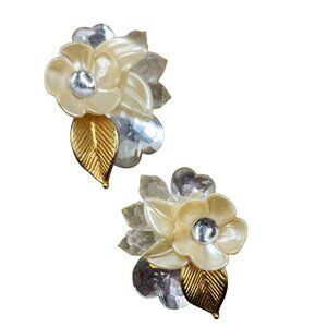 Vintage Chunky Clip On Floral Earrings, Beaded